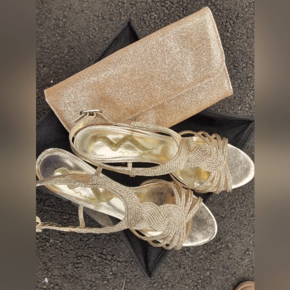 Nina gold braid sandals size 71/2 and gold clutch bag.